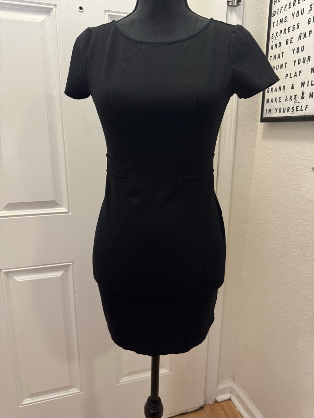 Monteau Little Black Sheath Dress with Short Sleeves 0132